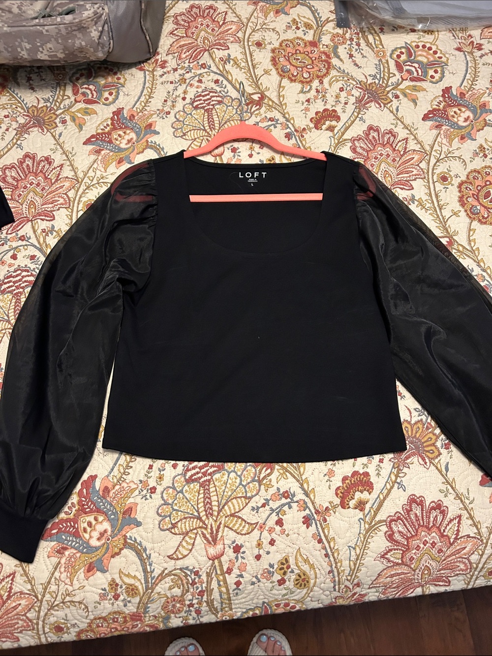 LOFT Black Square-Neck Puff Sleeve Blouse